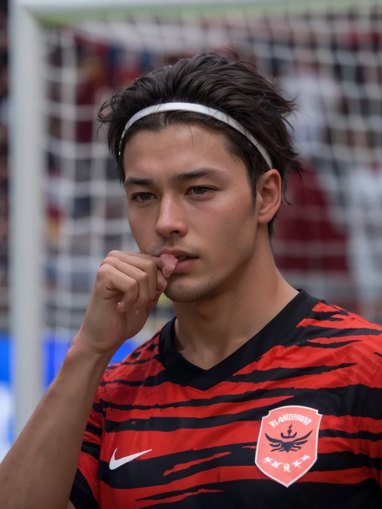 there is a man with a headband on standing in front of a soccer goal, inspired by Jan Asselijn, up close shot shinji aramaki, inspired by Master of the Bambino Vispo, akihiko yoshida 8 k, inspired by Juraj Julije Klović, inspired by Ernő Bánk, in style of kentaro miura