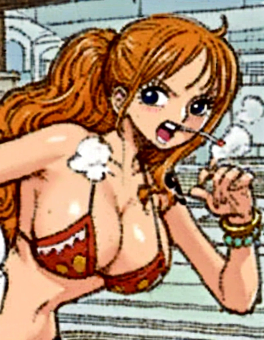 a cartoon picture of a woman in a bikini top and jeans, nami one piece, nami from one piece, nami, beautiful portrait of nami, from one piece, oppai, blue eyes, smoking, ponytail