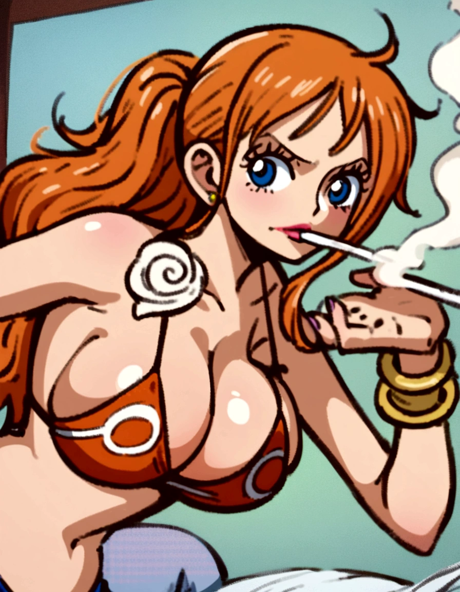 a cartoon picture of a woman in a bikini top and jeans, nami one piece, nami from one piece, nami, beautiful portrait of nami, from one piece, oppai, blue eyes, smoking, ponytail