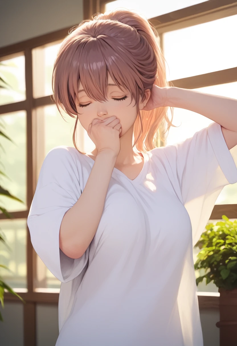 score_9,score_8_up,score_7_up,masterpiece,best quality, source anime, photorealistic, hyperrealistic, 8k,photo,raw,super detailed, extreme detailed, rating_explicit, 
1girl, standing, arms up, Yawning, covering mouth, cowboy shot,
BREAK girl, shouko nishimiya, 18yo, ponytail, pink brown hair, bangs between eyes, brown eyes, (large breasts:0.9),
shiny hair, beautiful detailed eyes, beautiful face,
white long shirt, oversized clothes, zettai ryouiki, bare thighs,
(closed eyes:1.2),
Apartment balcony, morning, sunlight,