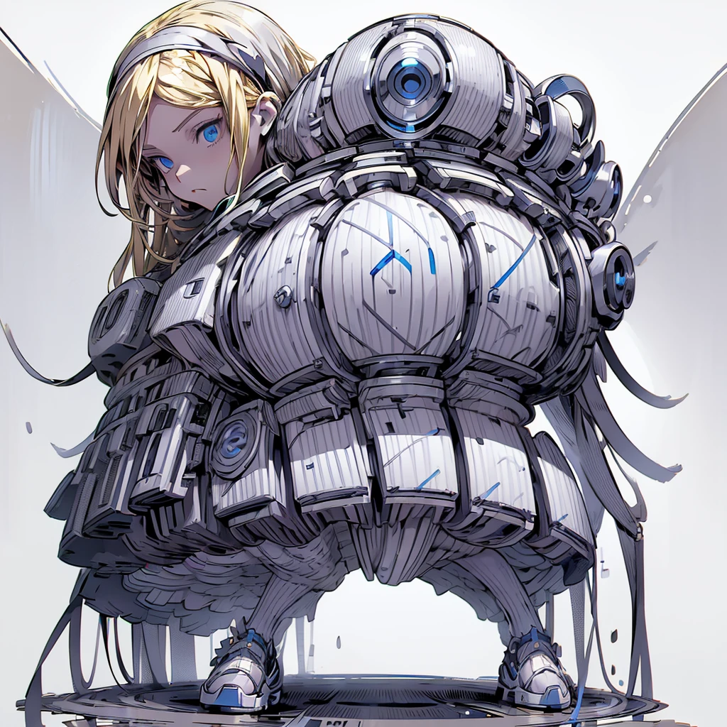 【Highest quality, Tabletop】  [(One girl:1.5), Expressionless, (Blonde:1.5), Long Hair,Blue clothes, (blue eyes:1.3), White legwear, apron, Hairband ribbon, Slender beauty, shoes, Short sleeve, Saucer, Black footwear, Upper Body] (Gray white background:1.7), surprised,