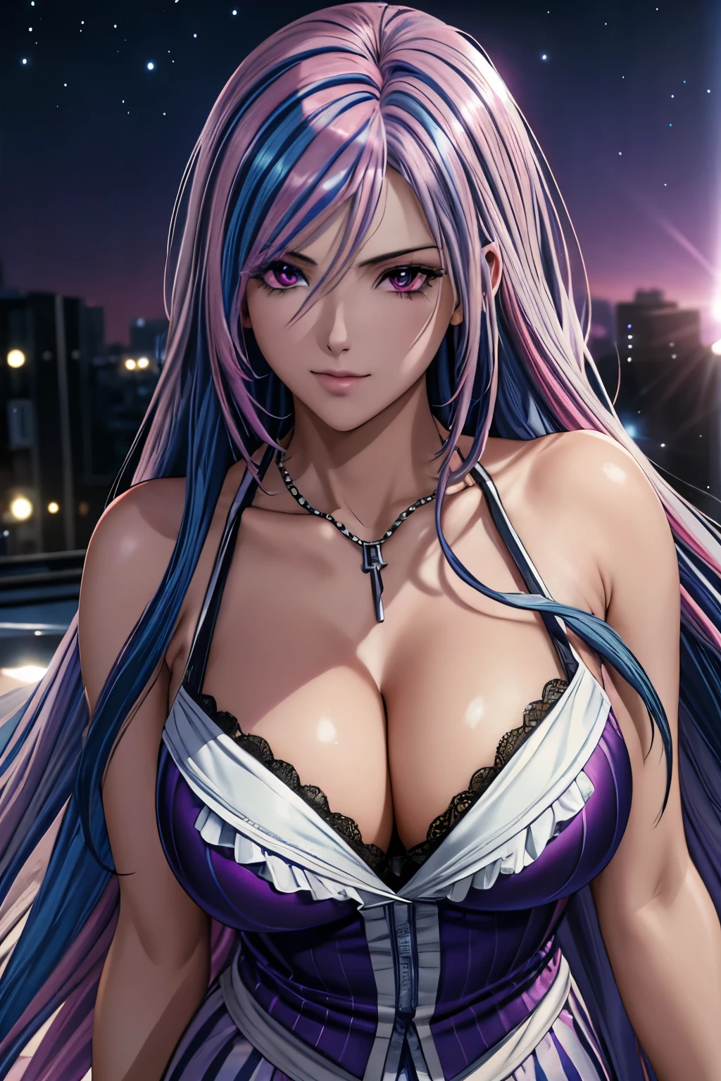 best quality, masterpiece, high resolution, A girl, blond, red eyes, Fashion, necklace, jewelry, Pretty Face, Perfect breasts, more than_Body, Tyndall effect, lifelike, Dark Studio, Side light, Two-color lighting, (HD Skin:1.2), ((Half Body Shot)), ((closeup shot)), mature woman, one person, (Silver blue hair streaked pink purple:1.4), (Gradient sky blue hair ends:1.6), hair strand, absurdly long hair, single sidelock, wavy hair, shiny hair, floating hair, (Illusion deep purple eyes), delicate eyes, aqua eyes, super high detailed eyes, long upper eyelashes, ((glowing eyes)), makeup, Focus on face,  Very detailed facial, hot body, break, on the street, looking at the starry night sky, meteor, Technical clothing masterpiece, White extra long skirt, cyberpunk, detailed background, perfect layer cut, clean focus, realism, chiaroscuro, (glowing light), sparkle, ray tracing, cinematic lighting, Futurism, motion blur, atmospheric perspective, Depth of Field, Bokeh, best quality, UHD, super detail, masterpiece, highres, ccurate, retina, anatomically correct
