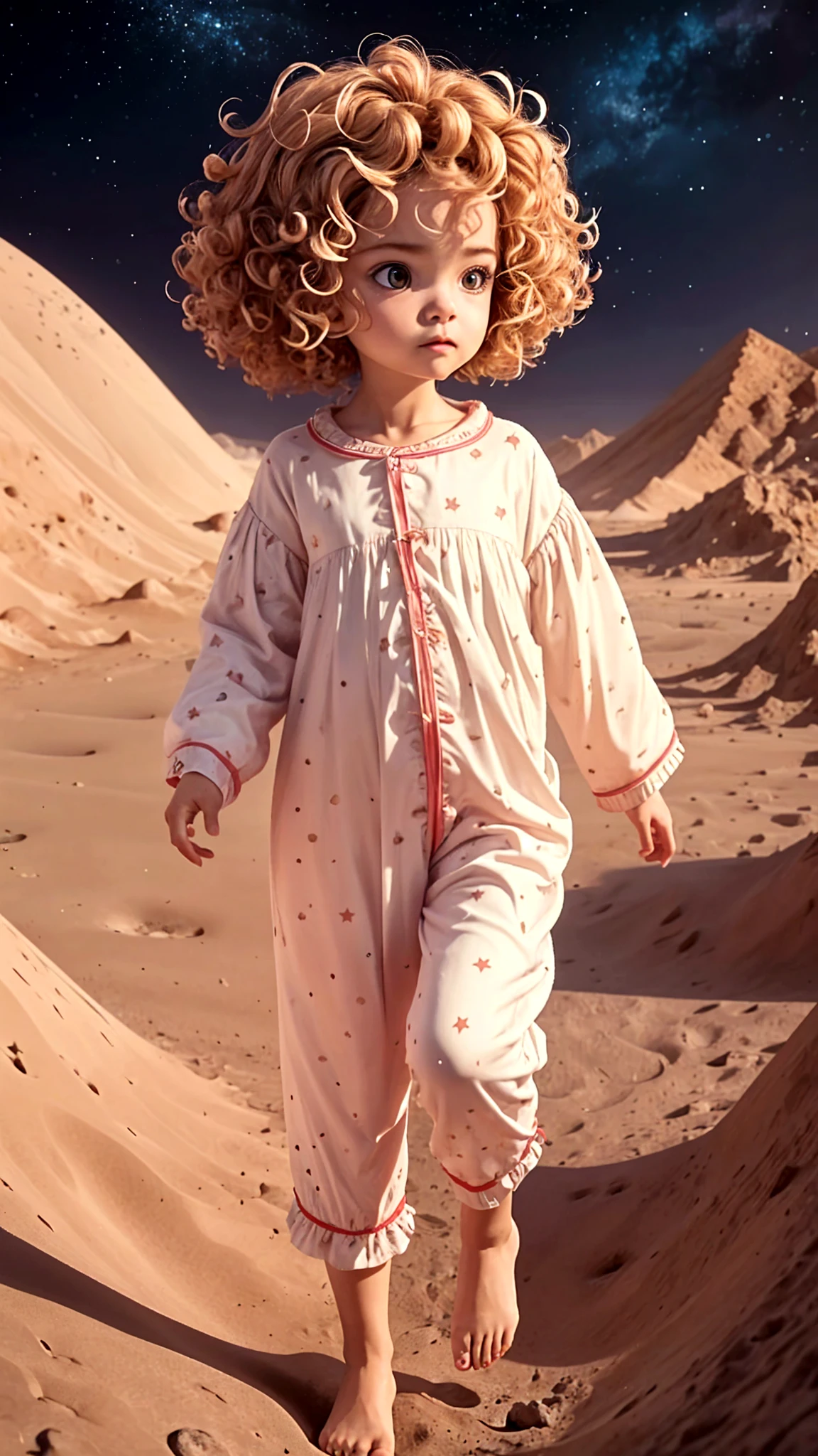 a  with curly hair and star-patterned pajamas, landing gently on the moon's surface, surrounded by craters and small mountains.