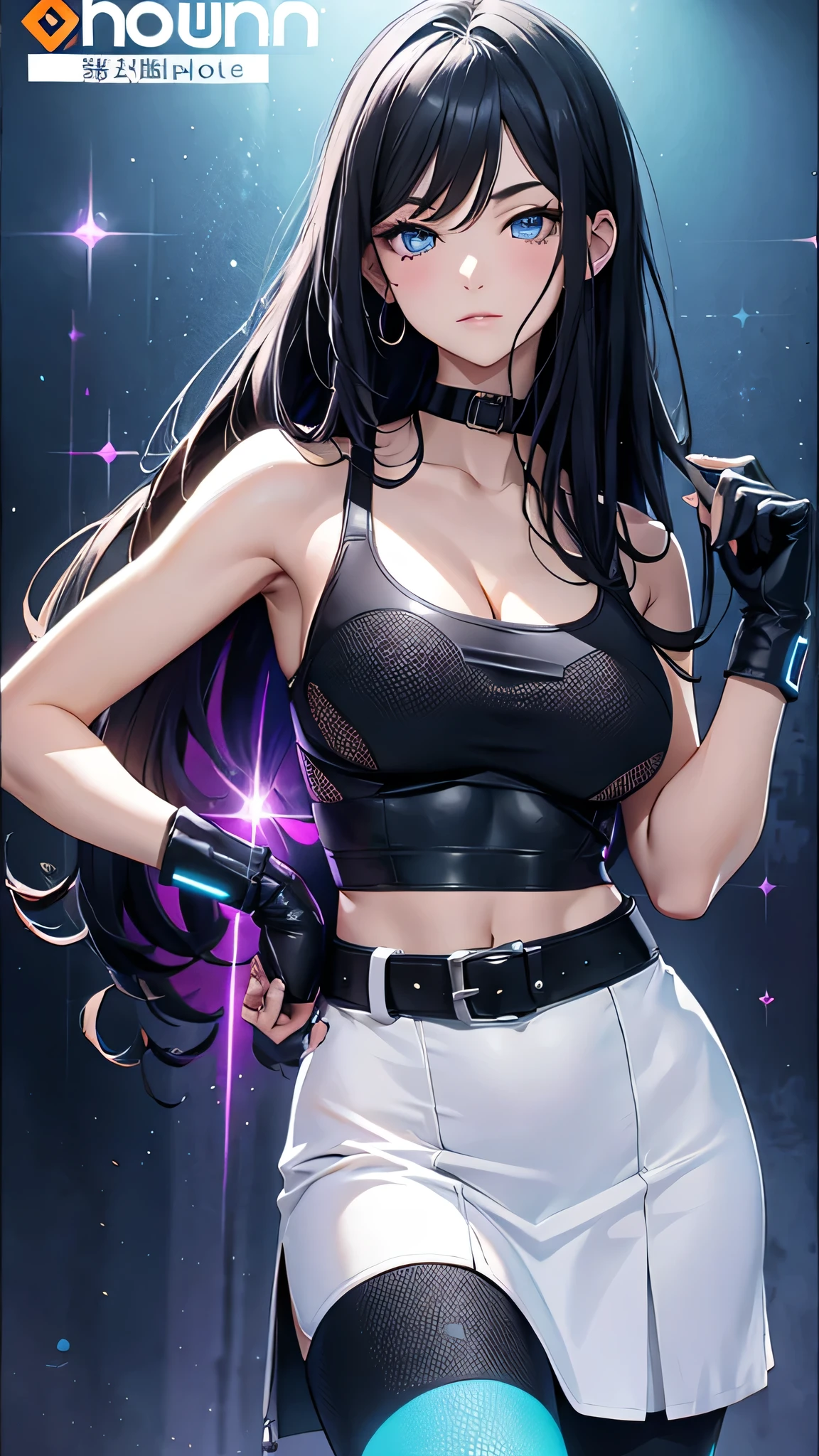 最high quality、Best image quality、masterpiece、With a girl((cute、20-year-old、Best Bust、Medium Bust、Bust 85,Beautiful Blue Eyes、Spread your chest wide,Long black hair、Slender、The best valley、Blue Y-shirt、White short skirt,Show the whole body、Black perforated gloves)）high quality、Beautiful art、background((club house、Cyan lighting、Multiple purple laser points、Fitness Club、night、virtual)),Tabletop、Exquisite design、Visual Arts、Depth of written boundary、Best lighting、Highest detail、8ｋ