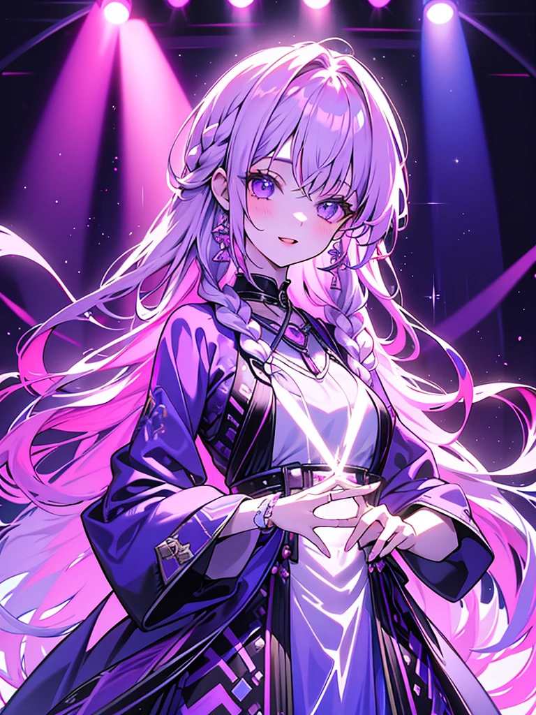 Create a high-quality portrait artwork of a girl named Keda standing solo, looking at the audience, with purple light highlighting her figure. Keda should be wearing two braided colorful dresses, showcasing her vibrant personality with intricate detail in the best quality achievable.