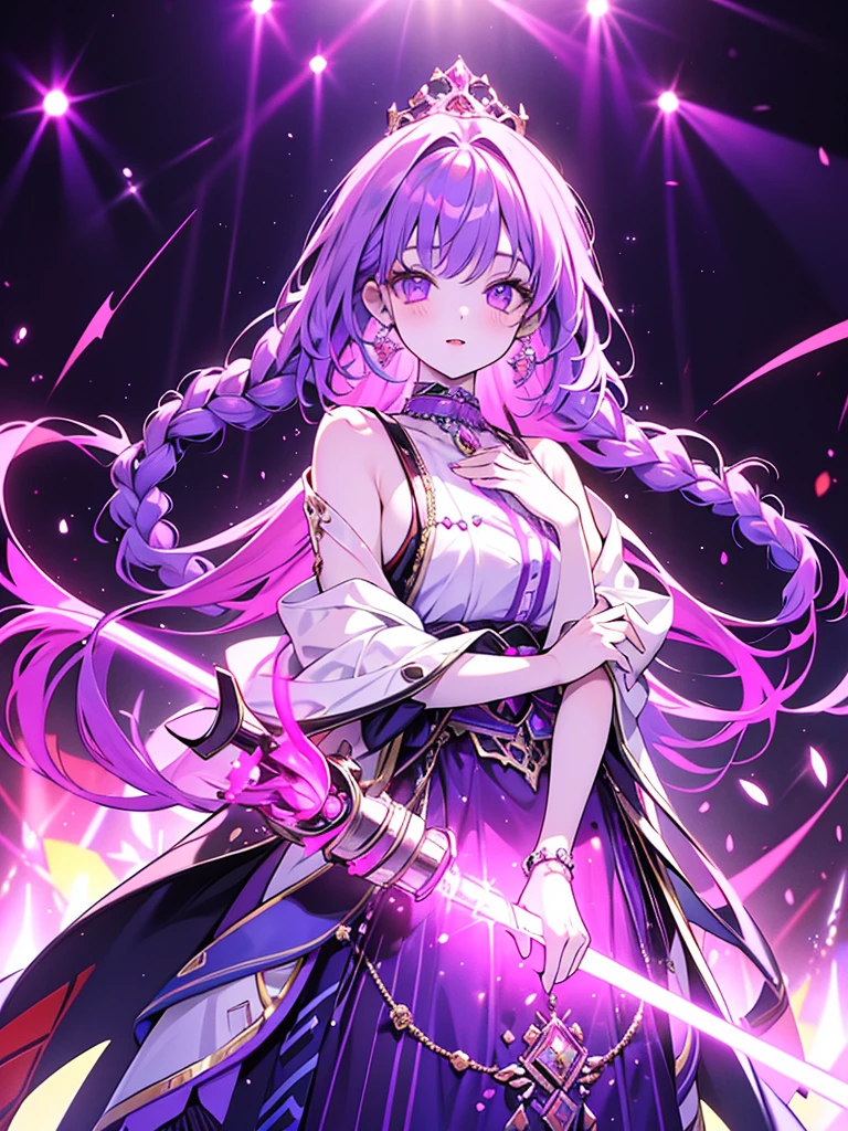 Create a high-quality portrait artwork of a girl named Keda standing solo, looking at the audience, with purple light highlighting her figure. Keda should be wearing two braided colorful dresses, showcasing her vibrant personality with intricate detail in the best quality achievable.