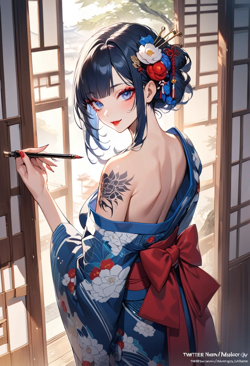 1girl, back tattoo, tattoo, hair ornament, blue eyes, japanese clothes, solo, kimono, flower, hair flower, looking at viewer, black hair, bangs, bare shoulders, looking back, long hair, floral print, sash, off shoulder, holding, from behind, tassel, red flower, blue kimono, obi, lips, back, upper body, blunt bangs, makeup, print kimono, indoors,
sidelocks, blush, closed mouth, eyelashes, kanzashi, parted lips, shoulder tattoo, wide sleeves, white flower, artist name, long sleeves, sliding doors, pink lips, hand up, shoulder blades, bare back, eyeliner, flower tattoo, watermark, lipstick, architecture, east asian architecture, red lips, arm tattoo, smile, nape, eyeshadow, kimono pull, back focus, hair over shoulder, medium hair, web address, standing, fingernails, shiny, blue hair, signature, mascara, stylus, blue flower, pen, nose, short hair, shiny hair, holding pen, dated, clothes down, day, tongue, window, smoking pipe, hair stick, twitter username, open clothes, shouji, hairpin, thick lips, holding smoking pipe, nail polish, marker, piercing, black kimono, open mouth, breasts, tongue out, outdoors, ribbon, hair behind ear, seigaiha, door, body writing, obijime, yukata, open kimono, backless outfit, light blush, copyright name, single bare shoulder, looking to the side, expressionless, hyur, camellia, red rose, kikumon, eyebrows hidden by hair, straight hair, english text, very long hair, flower knot, hime cut, mole, patreon username, lipgloss, jewelry, tree, writing, red sash, dragon, spider lily, tatami