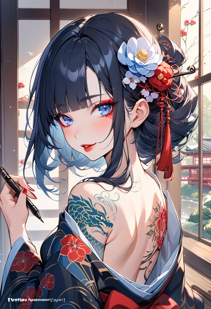 1girl, back tattoo, tattoo, hair ornament, blue eyes, japanese clothes, solo, kimono, flower, hair flower, looking at viewer, black hair, bangs, bare shoulders, looking back, long hair, floral print, sash, off shoulder, holding, from behind, tassel, red flower, blue kimono, obi, lips, back, upper body, blunt bangs, makeup, print kimono, indoors,
sidelocks, blush, closed mouth, eyelashes, kanzashi, parted lips, shoulder tattoo, wide sleeves, white flower, artist name, long sleeves, sliding doors, pink lips, hand up, shoulder blades, bare back, eyeliner, flower tattoo, watermark, lipstick, architecture, east asian architecture, red lips, arm tattoo, smile, nape, eyeshadow, kimono pull, back focus, hair over shoulder, medium hair, web address, standing, fingernails, shiny, blue hair, signature, mascara, stylus, blue flower, pen, nose, short hair, shiny hair, holding pen, dated, clothes down, day, tongue, window, smoking pipe, hair stick, twitter username, open clothes, shouji, hairpin, thick lips, holding smoking pipe, nail polish, marker, piercing, black kimono, open mouth, breasts, tongue out, outdoors, ribbon, hair behind ear, seigaiha, door, body writing, obijime, yukata, open kimono, backless outfit, light blush, copyright name, single bare shoulder, looking to the side, expressionless, hyur, camellia, red rose, kikumon, eyebrows hidden by hair, straight hair, english text, very long hair, flower knot, hime cut, mole, patreon username, lipgloss, jewelry, tree, writing, red sash, dragon, spider lily, tatami