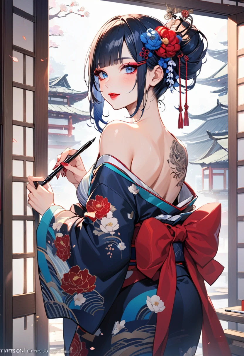 1girl, back tattoo, tattoo, hair ornament, blue eyes, japanese clothes, solo, kimono, flower, hair flower, looking at viewer, black hair, bangs, bare shoulders, looking back, long hair, floral print, sash, off shoulder, holding, from behind, tassel, red flower, blue kimono, obi, lips, back, upper body, blunt bangs, makeup, print kimono, indoors,
sidelocks, blush, closed mouth, eyelashes, kanzashi, parted lips, shoulder tattoo, wide sleeves, white flower, artist name, long sleeves, sliding doors, pink lips, hand up, shoulder blades, bare back, eyeliner, flower tattoo, watermark, lipstick, architecture, east asian architecture, red lips, arm tattoo, smile, nape, eyeshadow, kimono pull, back focus, hair over shoulder, medium hair, web address, standing, fingernails, shiny, blue hair, signature, mascara, stylus, blue flower, pen, nose, short hair, shiny hair, holding pen, dated, clothes down, day, tongue, window, smoking pipe, hair stick, twitter username, open clothes, shouji, hairpin, thick lips, holding smoking pipe, nail polish, marker, piercing, black kimono, open mouth, breasts, tongue out, outdoors, ribbon, hair behind ear, seigaiha, door, body writing, obijime, yukata, open kimono, backless outfit, light blush, copyright name, single bare shoulder, looking to the side, expressionless, hyur, camellia, red rose, kikumon, eyebrows hidden by hair, straight hair, english text, very long hair, flower knot, hime cut, mole, patreon username, lipgloss, jewelry, tree, writing, red sash, dragon, spider lily, tatami