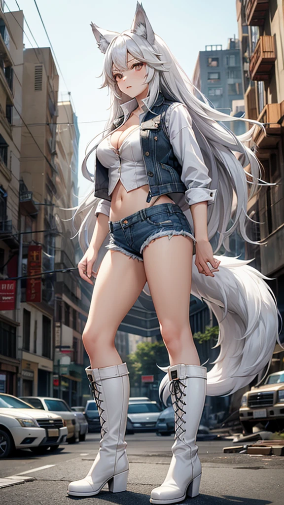 Adult woman with long white hair,Wolf ears,Wolf Tail,White shirt,Vest,cleavage,Bare waist,Denim shorts,Bare Legs,boots,ruined city