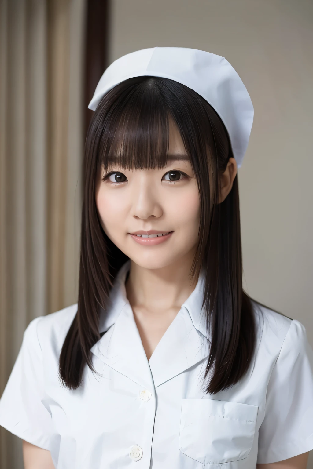 (Highest quality、Tabletop、8K、Best image quality、Award-winning works)、(One nurse:1.3)、(Perfect pure white nurse uniform:1.3)、Perfect girl portrait photo、Glowing Skin、Standing Elegantly、Face close-up、(Strongly blurred hospital room background:1.1)、Glowing White Skin、Very white skin、smile