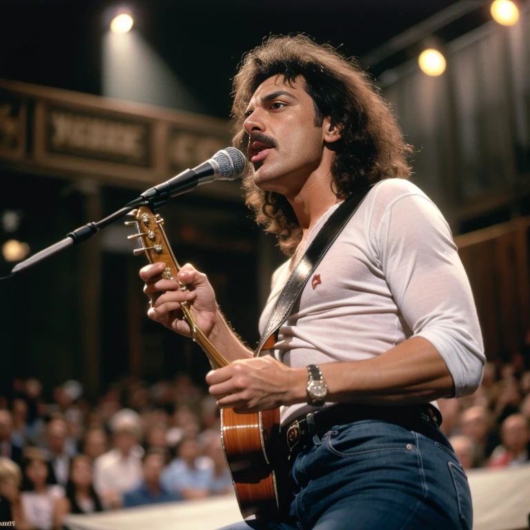 photorealistic, high quality, hyper detailed, ultra realistic, cinematic, dramatic lighting, dramatic atmosphere, queen band members, freddie mercury, brian may, roger taylor, john deacon, on stage, live performance, concert, 1970s, london, rock band, iconic, powerful, energetic, dynamic, dramatic poses, intense expressions, detailed clothing, intricate stage design, smoky atmosphere, spotlights, cheering crowd, iconic outfits, long hair, mustache, guitar, drums, piano, microphone, sweat, intense energy, Fechin