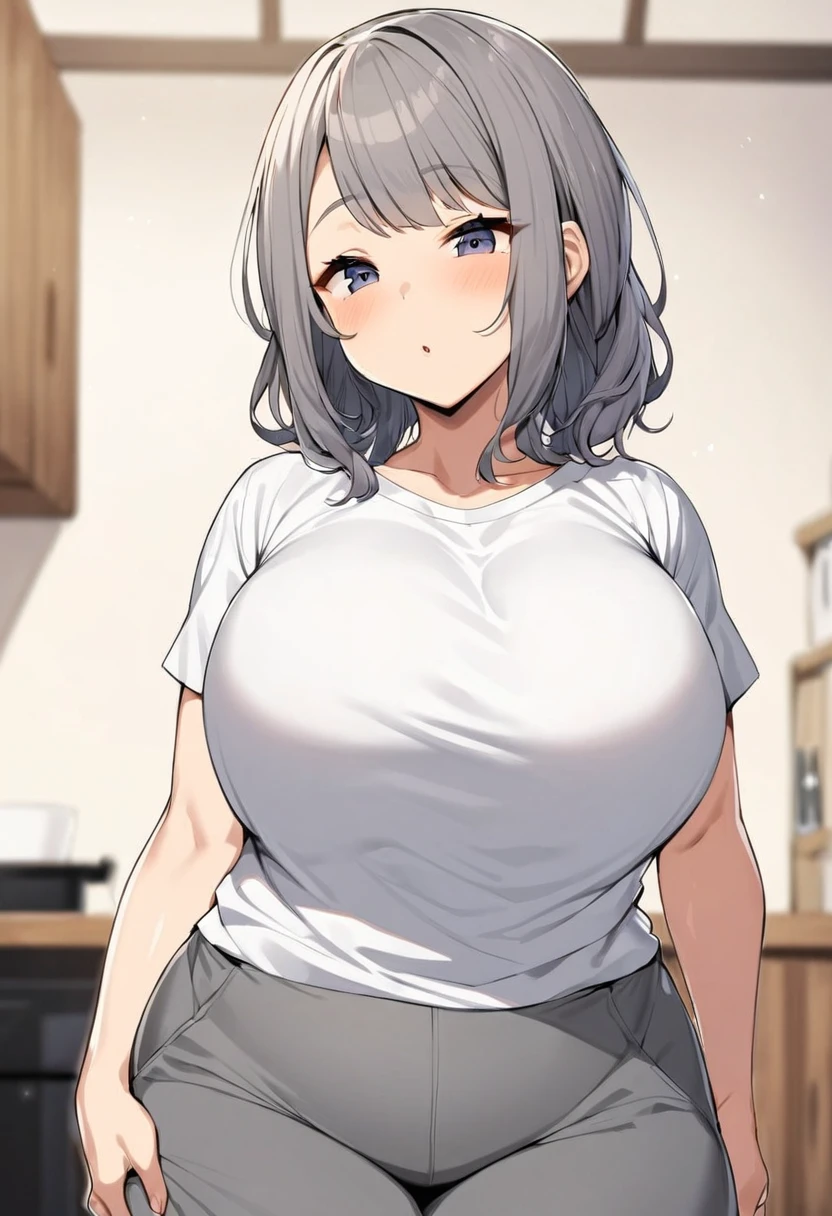 japanese modest girl,lazy unkempt hair,white t-shirt, gray jersey pants,large tareme,curvy,medium hair,at home,