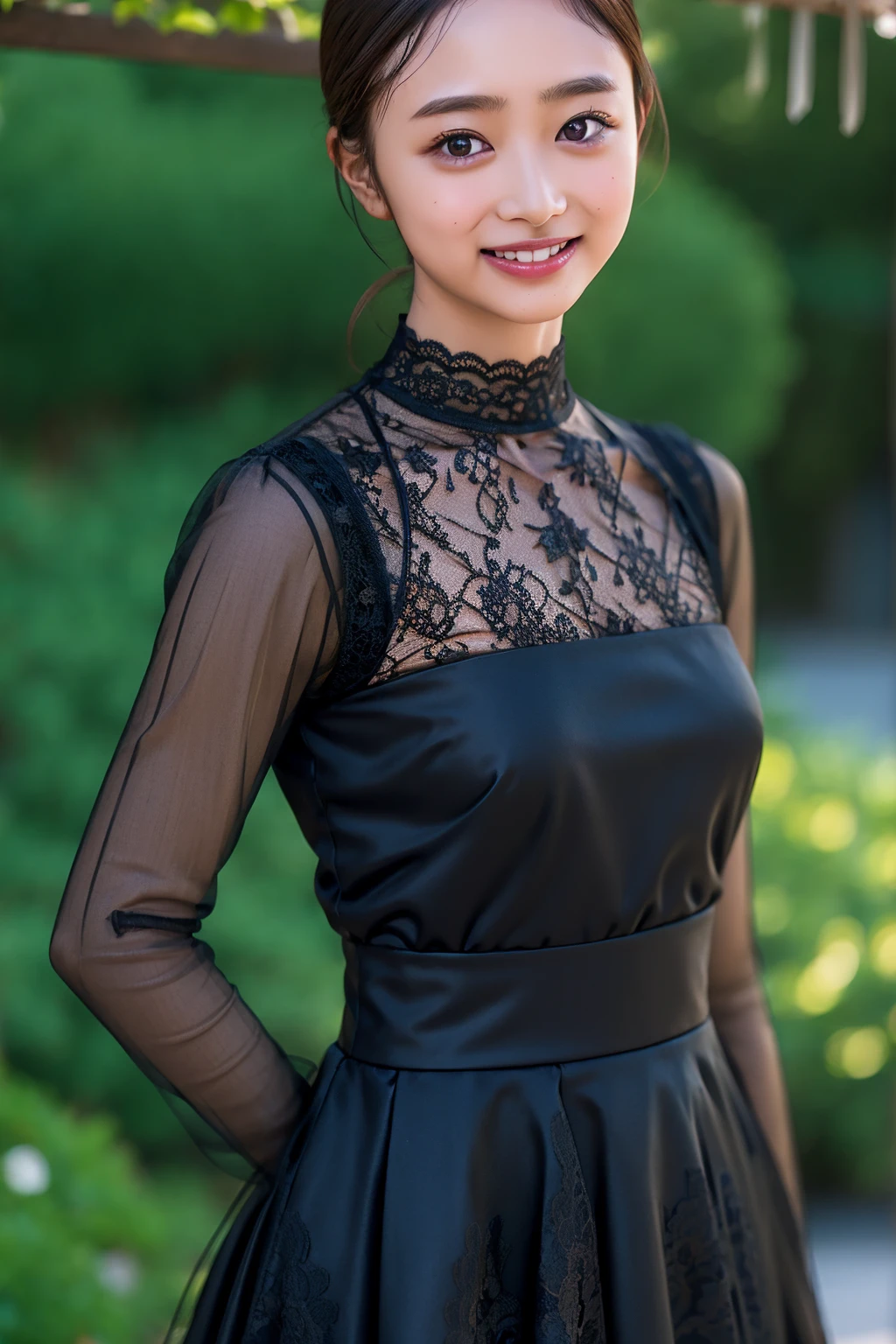 (((upper body shot))),Ultra-high resolution,big eyes,((brown eyes)),Japanese,(forehead),(a girl),(1 girl),((17 years old)),(cute),pretty,((facing at viewer)),arms behind back,grin,(((black lace shirt)))
