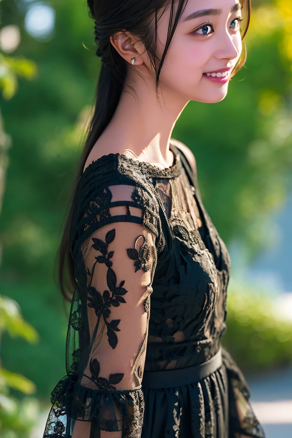 (((upper body shot))),Ultra-high resolution,big eyes,((brown eyes)),Japanese,(forehead),(a girl),(1 girl),((17 years old)),(cute),pretty,((facing at viewer)),arms behind back,grin,(((black lace clothes)))