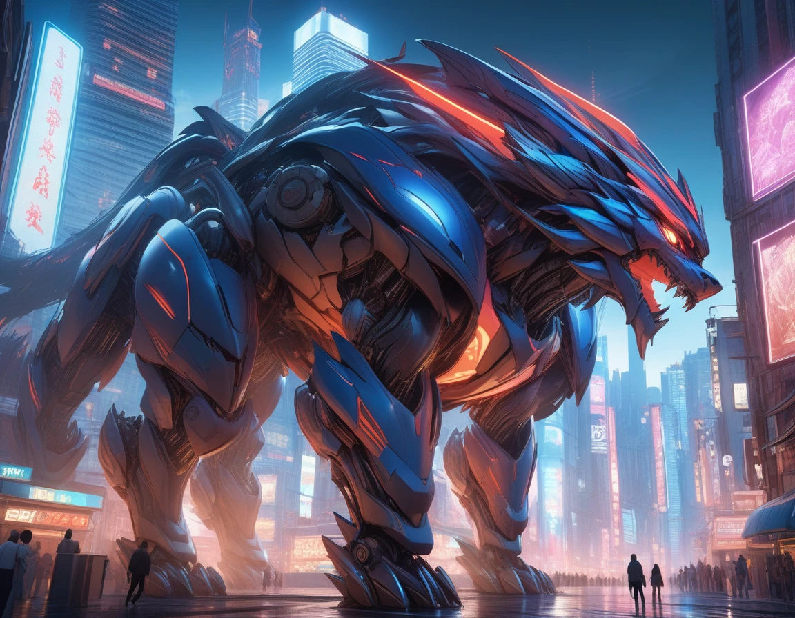 Ultra-realism, ((Masterpiece)), ((Best Quality)), (Very Detailed), ((Very Detailed)), 4K, (8K), very aesthetic, absurdres highres, Create an artwork featuring a large mechanical beast set in a futuristic urban environment. The beast has intricate armored plates and is adorned in vibrant colors, perhaps blue and red, that contrast with the restrained hues of the city. As dynamic and powerful as it is, it looks as if it were captured in motion and pays attention to the play of light and shadow that emphasizes the texture of the metal. The background includes skyscrapers and neon signs to emphasize the high-tech world setting.