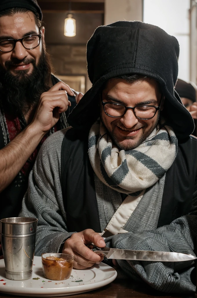 A Jewish man wearing glasses, a suit, a hood, and a Jewish tuft of hair, holding a knife and laughing while his body is stained with blood. An American man with a white beard and wearing an American Uncle Sam hat, laughing and his face stained with blood. A Gulf man wearing a robe, laughing and holding a bundle of money. They are all sitting at a table laughing and wiping knives and drinks. They cut the body of a Palestinian wrapped in a Palestinian keffiyeh into pieces