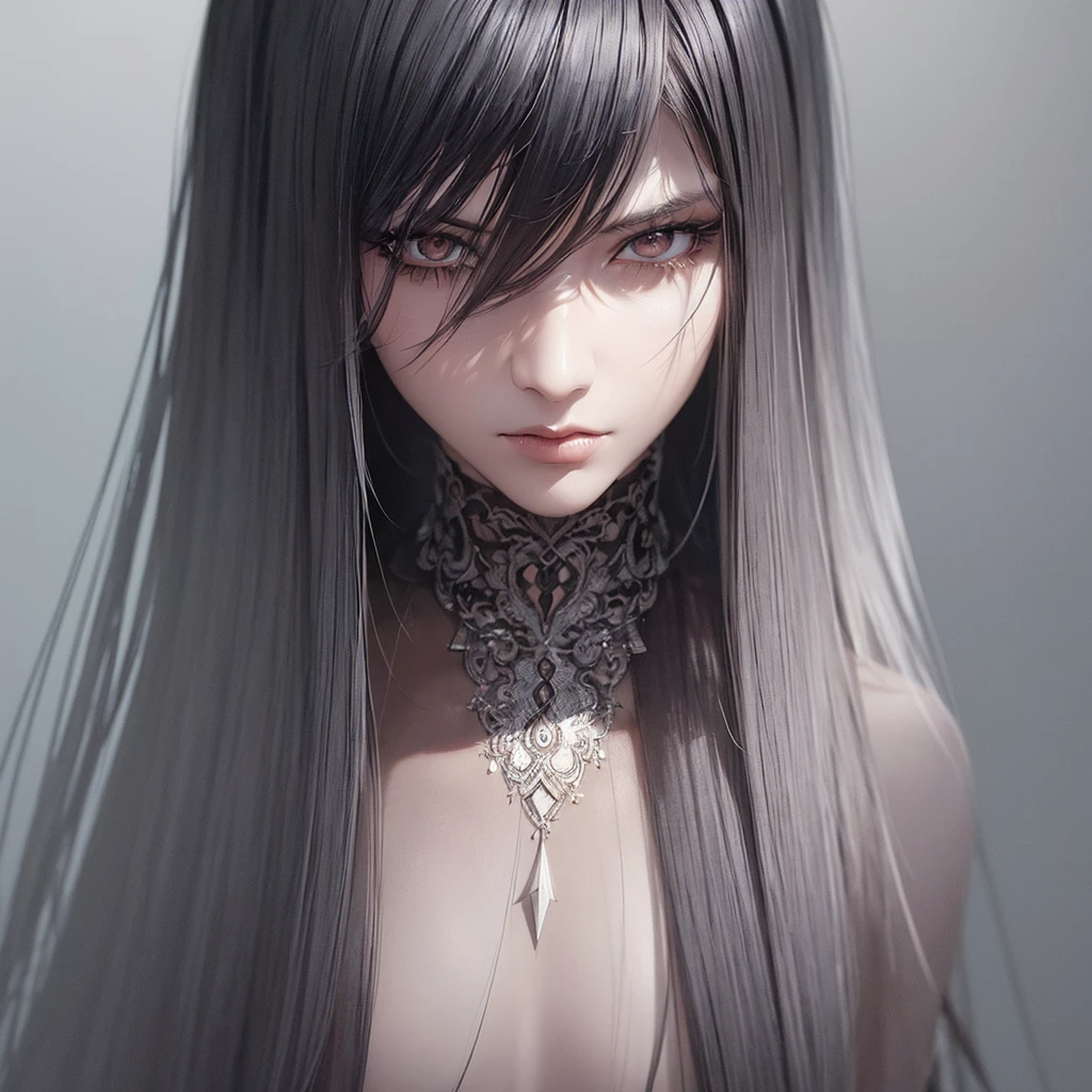 woman's face, long balck hair, neutral face, dark clothes, pale skin, fuzzy texture, basic white background (digital painting, concept art, smooth, sharp focus, intricate details, close-up, masterpiece: 1.2)