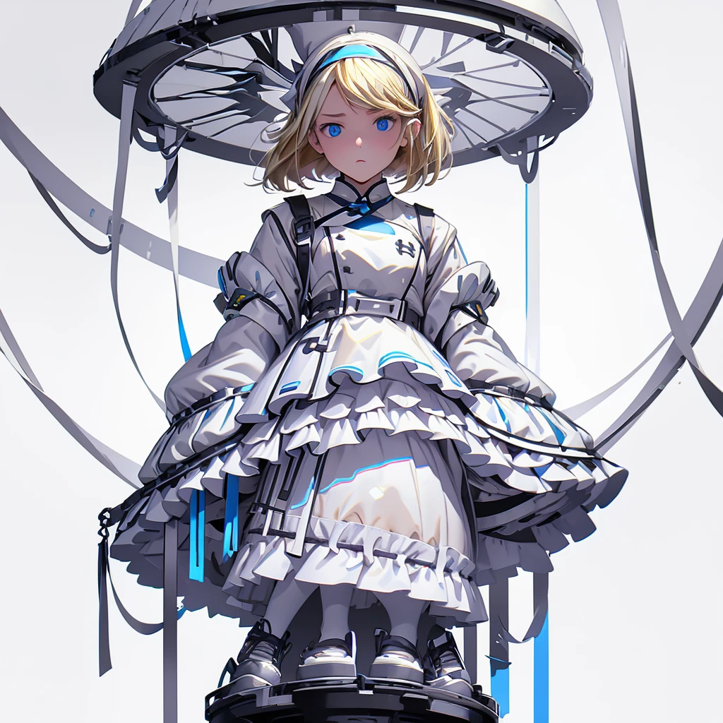 【Highest quality, Tabletop】  [(One girl:1.5), Expressionless, (Blonde:1.5), Long Hair,Blue clothes, (blue eyes:1.3), White legwear, apron, Hairband ribbon, Slender beauty, shoes, Short sleeve, Saucer, Black footwear, Upper Body] (Gray white background:1.7), surprised,
