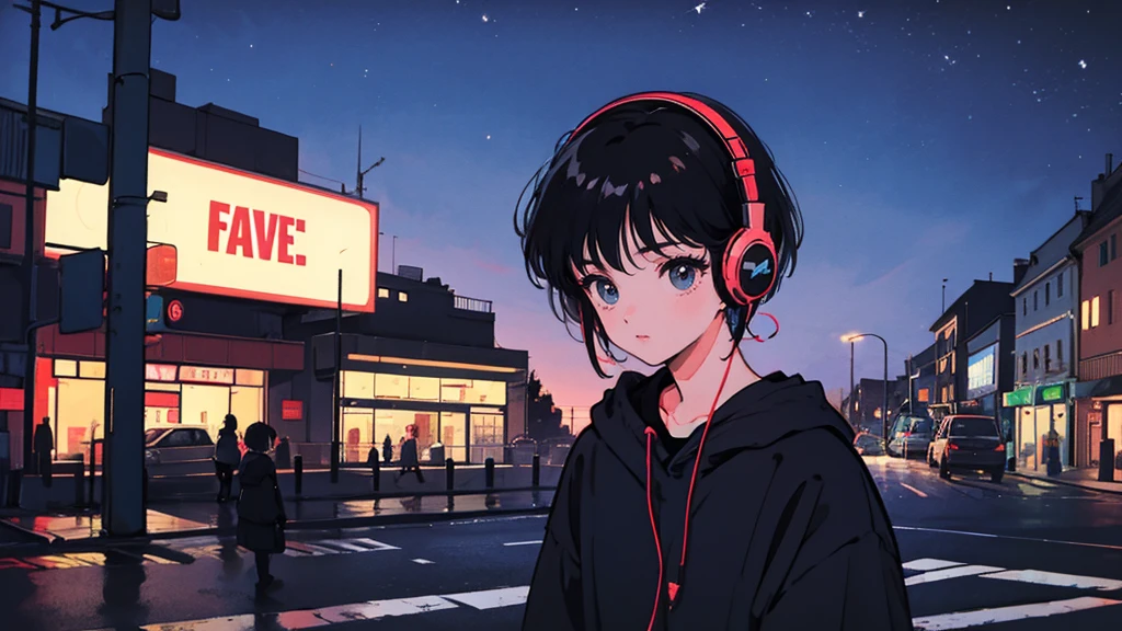 Black short Hair, Black Clothing, One Adult Woman ,Blue headphones、 City、Delicate background、Masterpiece、night、dark、Nostalgic、roadside