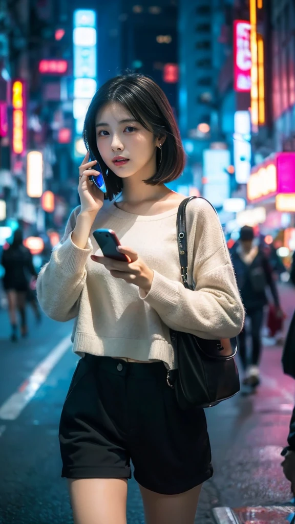 ((Beautiful girl holding a mobile phone in her hand)) 4K 8K:: Realistic::4. Cyberpunk::1 --v 4 --Quality 2