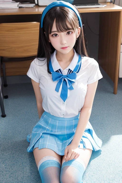 high school girl、Idol、Light blue mini skirt、stockings、See-through、sit
