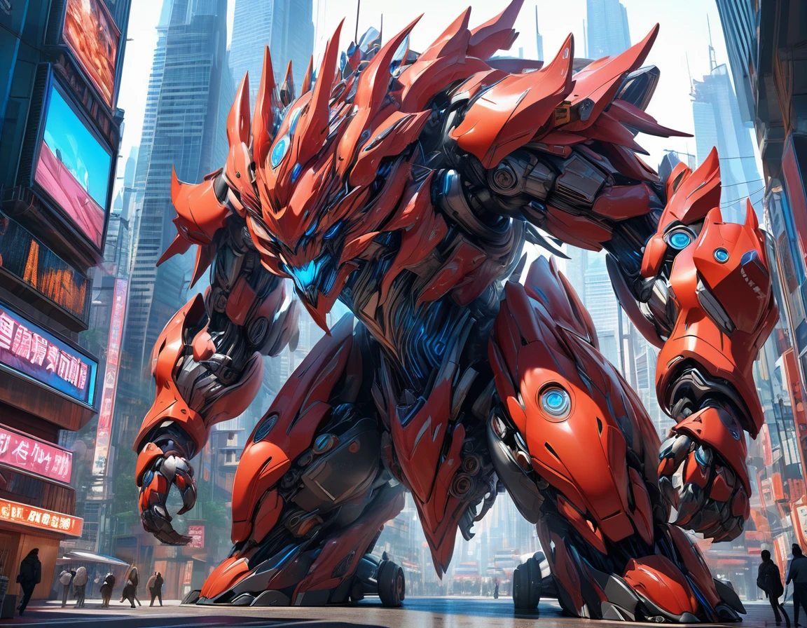 Ultra-realism, ((Masterpiece)), ((Best Quality)), (Very Detailed), ((Very Detailed)), 4K, (8K), very aesthetic, absurdres highres, Create an artwork featuring a large mechanical beast set in a futuristic urban environment. The beast has intricate armored plates and is adorned in vibrant colors, perhaps blue and red, that contrast with the restrained hues of the city. As dynamic and powerful as it is, it looks as if it were captured in motion and pays attention to the play of light and shadow that emphasizes the texture of the metal. The background includes skyscrapers and neon signs to emphasize the high-tech world setting.