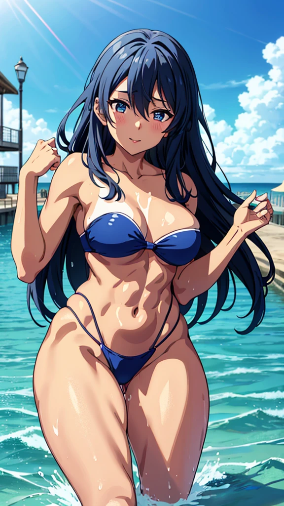 av idol, 32-years-old dark tan skin with long blue hair and eyes Wearing a Strapless Swimsuits, beach pier background, splashing in the water