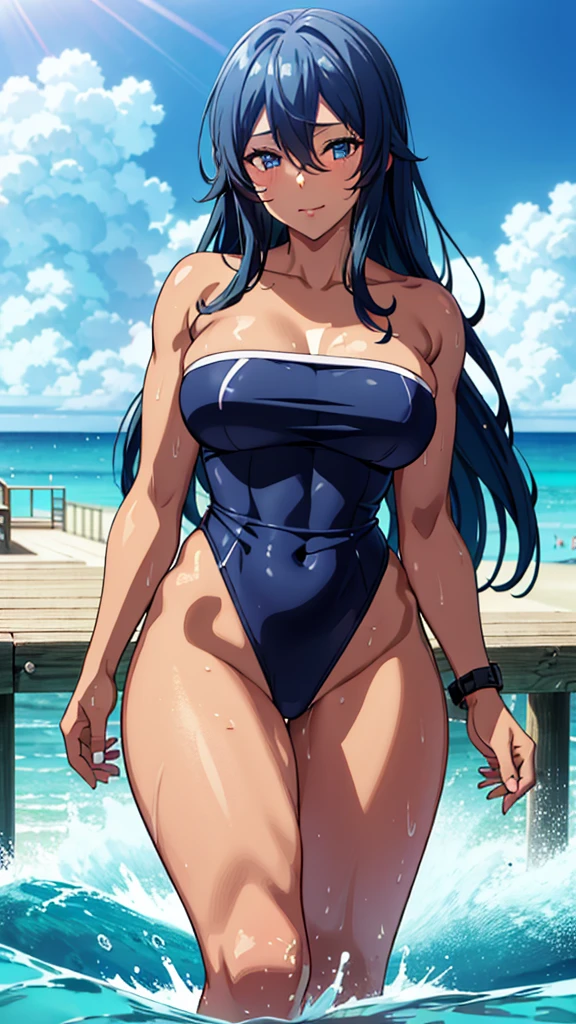 av idol, 32-years-old dark tan skin with long blue hair and eyes Wearing a Strapless Swimsuits, beach pier background, splashing in the water 