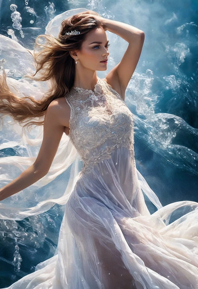 beautfull woman, dynamic pose, Smooth Movement, (water, white dress with water pearls, stream of water, controlling water:1.2), subtle smile, fully body, thin abs ,face ultra-detailed, detailedeyes, shining skin, Glossy Lips , brow, bushy eyebrows, detailed backgrounds, shades of blue, ethereal atmosphere, , (offcial art, Unity 8k papel de parede, ultra detaild, Beautiful and Aesthetic, master part ,best qualityer:1.3)