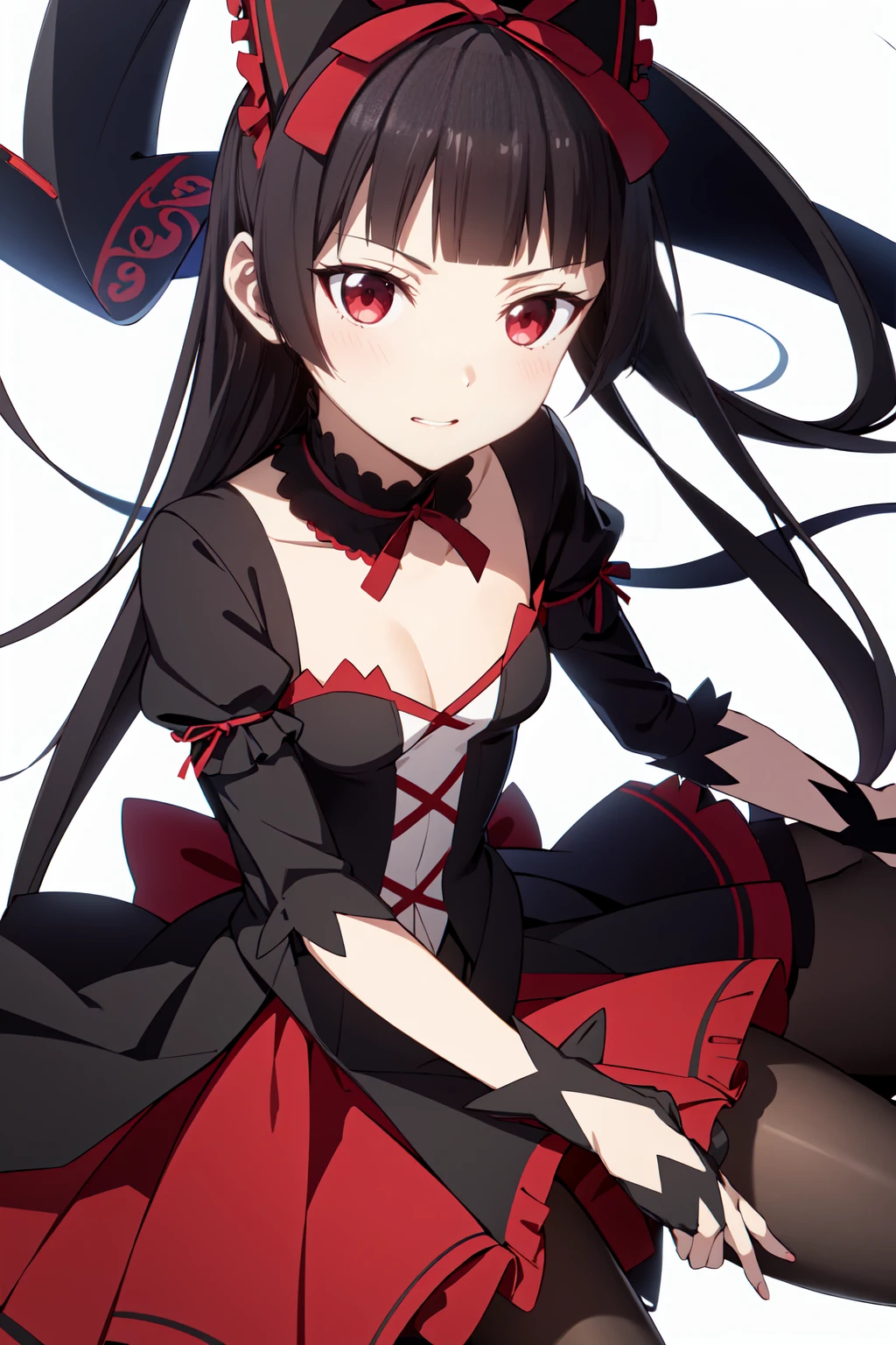 Rory Mercury, Rory Mercury, Black Hair, Blunt bangs, Hime cut, hair ornaments, Red lipstick, Long Hair, Cute face, compensate, (Small box:1.2), (Red eyes:1.5), break Gothic underwear, Perfect body (Small breasts:1.3), break in full growth, Red Shoes, break Black Stockings, Black Gloves break, Black thighs, Garter Straps, gloves, Gothic, Hair Ribbon, Gothicファッション, puffy Short sleeve, Puffy sleeves, Short sleeve, tights, tights, looks at the viewer, break (masterpiece:1.2), Highest quality, High resolution, unity 8k wallpaper, (Illustration:0.8), (Beautiful details in the eyes:1.6), Highly detailed face, Perfect lighting, Highly detailed CGI, (Perfect Arms, Perfect Anatomy), (white background:1.5), I have nothing in my hands, 1girl, whole body, Confused eyes