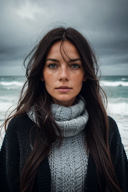 Scandinavian woman, strong wind, beach, long hair, cool expression, 38 years old, looking left, filming, cloudy sky, light black knitted clothing, black hair, few freckles, snow, flying hair, big messy hair, high details, surrealism, depth of field, cold wind, hair blowing in face