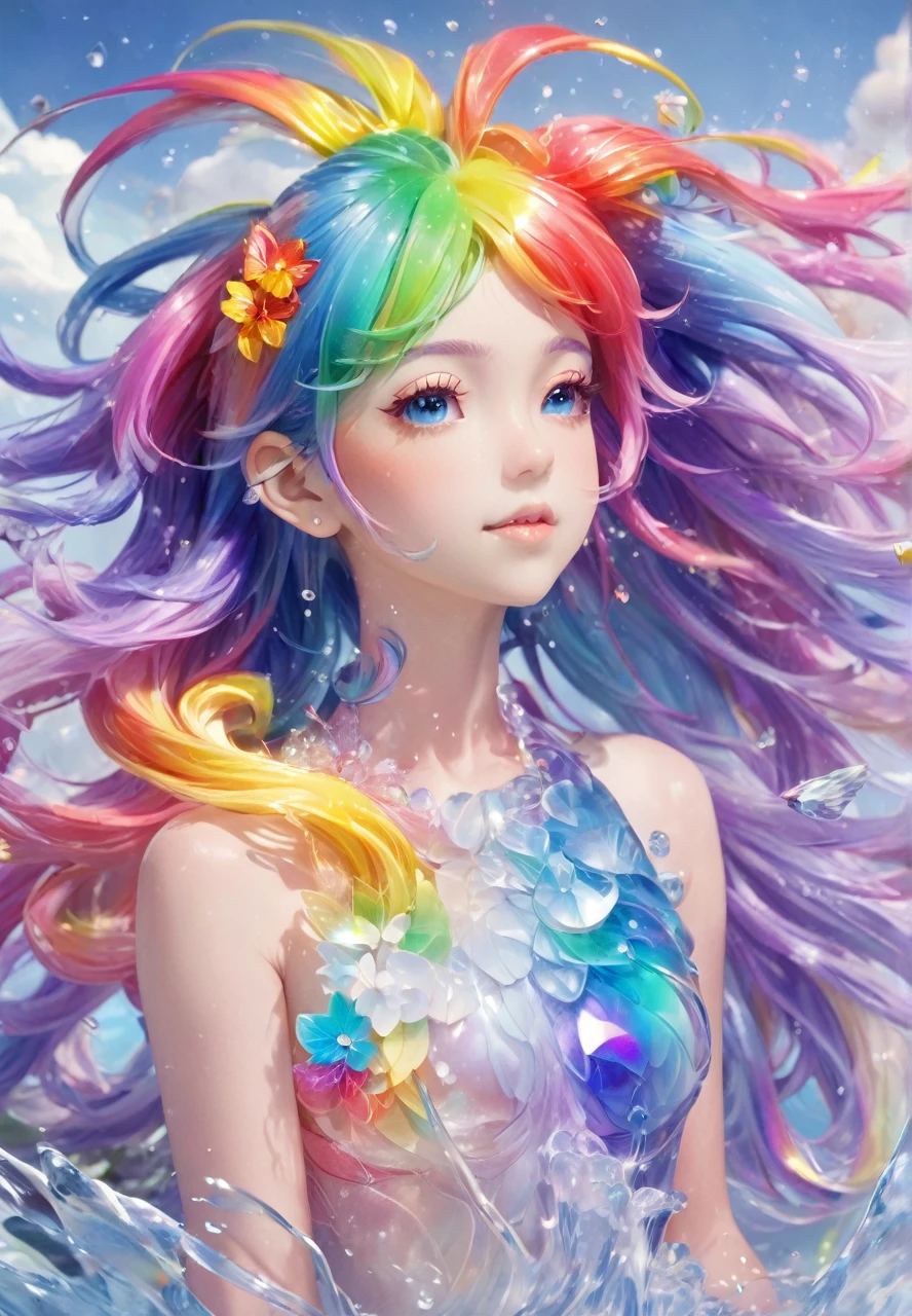 (1 Girl:0.9),High quality beautiful wallpaper,Gibal,Wide_shooting,(Photon force field:1.5),The girl has butterfly wings behind her that are bigger than her body,Super giant butterfly wings,((water drops)),Wet clothes,((beautiful detailed water)),((floating)),Dynamic Angle,Beautiful and delicate light,(Detailed ice),beautiful detailed water,Beautiful and delicate light,Detailed ice,beautiful detailed water,(floating palaces:1.2),(Ice crystal texture wings),(Iridescence and rainbow hair:2.5),masterpiece,best quality,absurd,illustration,watercolor,1 Girl,Young girl with butterfly wings,in water,Solitary,Long hair,skirt,Skirt fixing,,sleeveless,barefoot,Bare shoulders,permanent,outdoor,cloud,Sky,water,water splashes,rainbow,(tight skirt:0.5),(blue, Red, pink, Flowers) ((rainbow全息服装:1.3)),a girl formed of coloRed glaze,