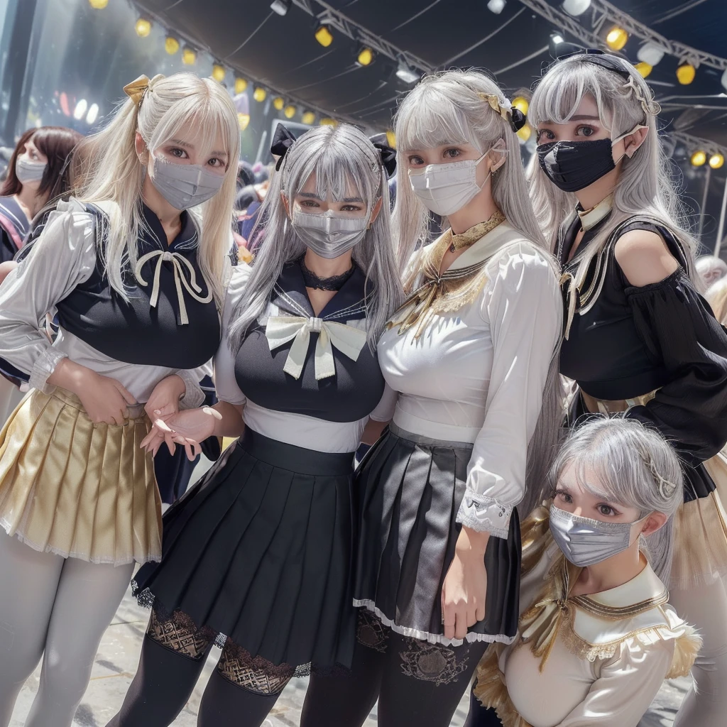 8K resolution, surreal, Super detailed, high quality, perfect anatomy, perfect proportion,
((((((A group photo of home party, women only, most crowded indoor festival, 12 girls, group photo)))))),
(((((shiny clothes, jirai fashion, sailor collar, sailor uniform with many frills, Lace, pleated skirt, micro mini skirt, bow ribbon))))),
(((pink clothes | navy clothes))),
((grin, smile, happy)), ((((wearing black face mask)))),
((((bright bleached hair | silver hair | gold hair))))+, (((super large breasts))), hposing,
(((shiny detailed oiled porcelain skin))),
(((black see-through tights))), looking at viewer