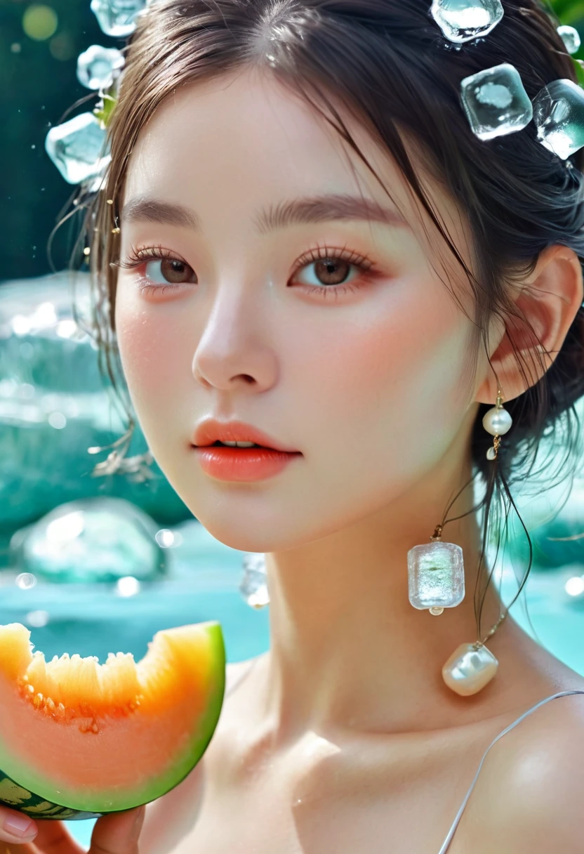 Summer Melon Girl，Dopamine teenage， Cool summer days，Ice cubes，The watery girl，Delicate skin，Hydration，Shiny，Shiny，dream，Front view，bust，pearl，Cantaloupe fruit