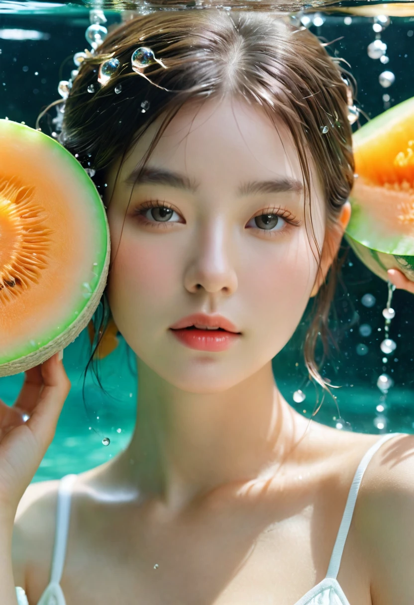 Summer Melon Girl，Dopamine teenage， Cool summer days，Ice cubes，The watery girl，Delicate skin，Hydration，Shiny，Shiny，dream，Front view，bust，pearl，Cantaloupe fruit