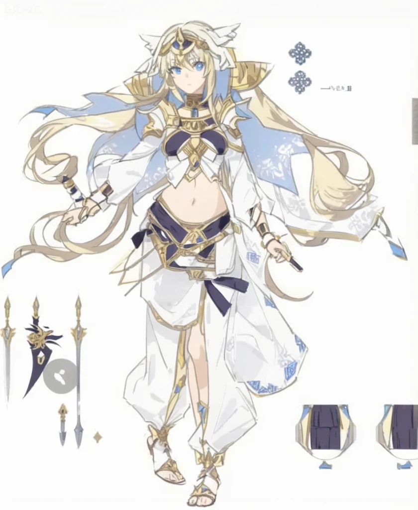 Anime character design of a woman with a sword and armor, Anime Goddess, Egyptian assassin's clothes, Holding two swords, Clear clothing design, keqing from t, Adaptable personality, Anime character design,Exotic dancers
