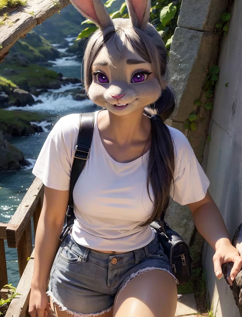 Highest quality,
masterpiece,
Ultra-realistic,
Super detailed,
Beautiful details,
4K,8K,upper,
pixar,
Photo realistic,
Medium Shot, ((High angle view)),
Background is ((Magnificent mountain)),
Realistic lighting,
hiking woman, ((adult woman)),
((Anthropomorphic rabbit)),
Detailed animals,
Complex patterns,
(Furry:1.35),
(All skin is grey:1.3),
(The body is fluffy and bushy:1.1),
Realistic fur,
Human hand,
(Judy Hopps face:1.35),
((ponytail hair)),
((side part bangs)), bangs,
((dark gray hair color)),
Purple eyes,
{Eye highlights, Clear eyes, Eyes sparkling, Large, round pupils},
Detailed Iris,
(Eyebrows raised:1.2),
(Crescent eyebrows:1.3),
(Bunny ears:1.3),
Smiling happily,
raised corners of mouth,
The woman is wearing T-shirt over the check shirt and shorts,
((White T-shirt)) BREAK ((gingham check shirt)) BREAK ((wine red Trekking Shorts)),
carry a backpack, rucksack,
(alone:1.5),
(1 Female:1.5),
Only 1 character,
Perfect Anatomy,
Lighting forward,
Lighting front,
sunlight,
Intricate details,
Ray Tracing,
Realistic,