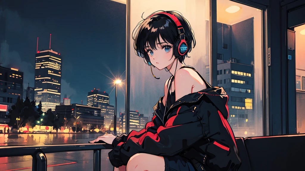 Black short Hair, Black Clothing, One Adult Woman ,Blue headphones、 City、Delicate background、Masterpiece、night、dark、Nostalgic、roadside