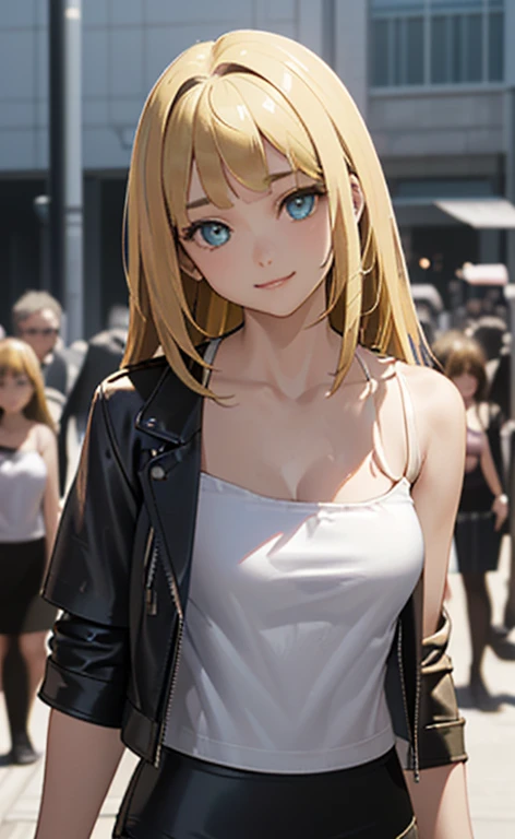 (masterpiece:1.5、Photorealistic:1.4,High Saturation:1.4、high resolution:1.4)、,(spot light:1.2、Exquisite beautiful eye:1.5,)、
(kind eyes、tareme:1.4),()、(Cute Face、Eyes in Love:1.4)、(blonde hair:1.5)、(middle hair:1.5),(sidelock :1.9),(blunt bangs:1.3),(1 girl)、(aqua eyes:1.2)、(upper body:1.5)、(fingersmile:1.5)),(stand)、()、(head tilt) ,(),(medium breasts),(),(white  camisole in a leather jacket:1.5),(pencil Skirt:1.3),(surrounded by a crowd:1.5)、()、()、Slim Body(),Shiny Hair、girl、zydG