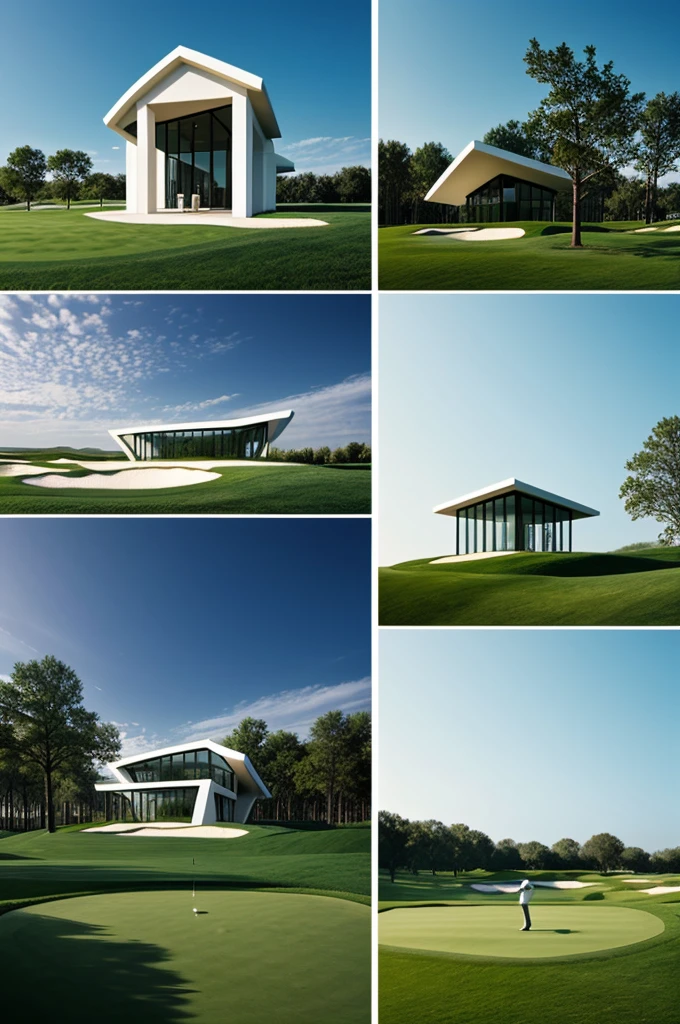 Generates an image from 3 different views of a golf-based architectural pavilion