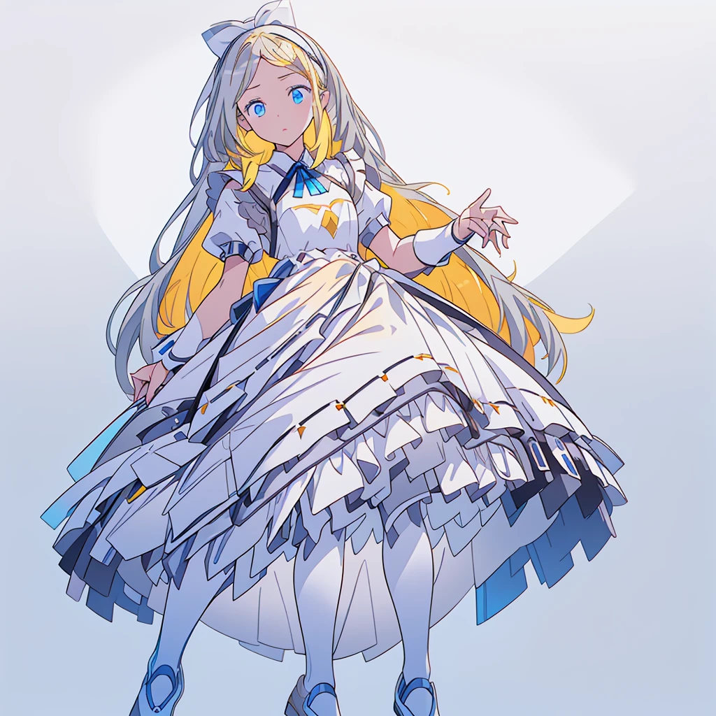 1girl、(((Highest quality、Masterpiece、Official Art、The best dynamic composition、Super detailed)))、【Highest quality, Tabletop】 [(One girl:1.5), Expressionless, (Blonde:1.5), Long Hair,Blue clothes, (blue eyes:1.3), White legwear, apron, Hairband ribbon, Slender beauty, shoes, Short sleeve, Saucer, Black footwear, Upper Body] (Gray white background:1.7), surprised,
