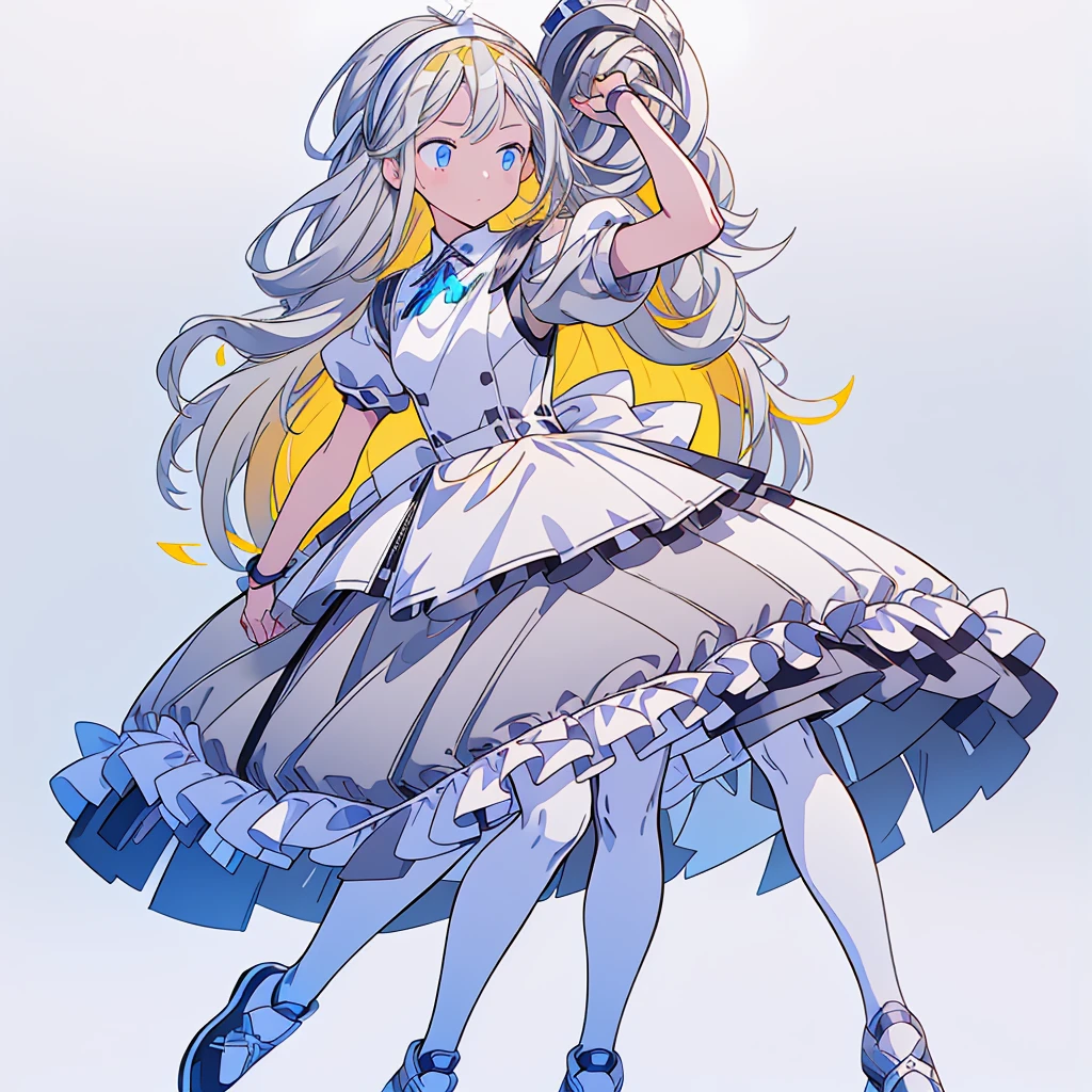 1girl、(((Highest quality、Masterpiece、Official Art、The best dynamic composition、Super detailed)))、【Highest quality, Tabletop】 [(One girl:1.5), Expressionless, (Blonde:1.5), Long Hair,Blue clothes, (blue eyes:1.3), White legwear, apron, Hairband ribbon, Slender beauty, shoes, Short sleeve, Saucer, Black footwear, Upper Body] (Gray white background:1.7), surprised,