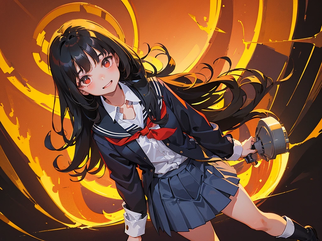 1girl, Standing upright in a classroom in a dark atmosphere at night, (schoolgirl uniform), long black hair,long pleated skirt, spooky smile,spooky light, ((wide shot)), (looking at viewer), 18 years old, ((from front shot))