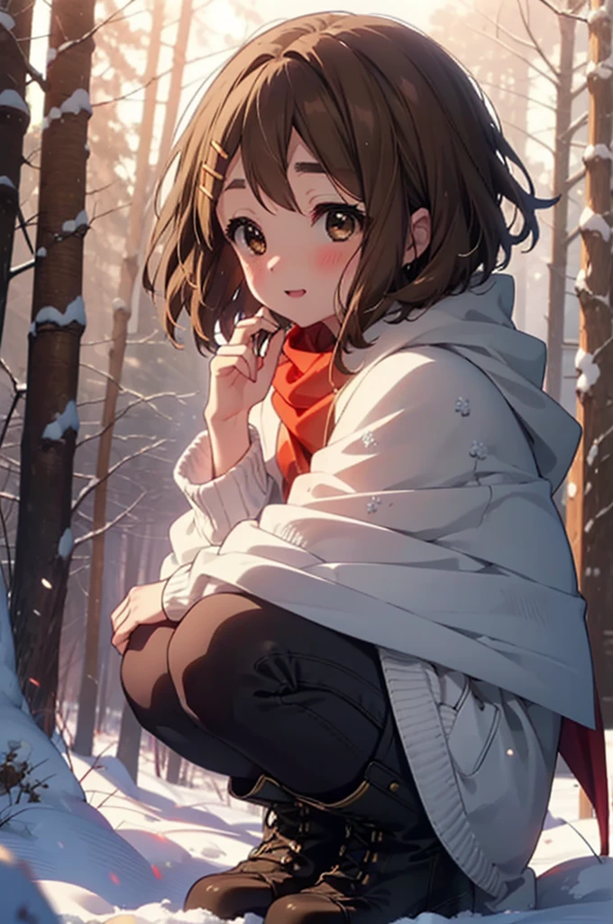yuihirasawa, Yui Hirasawa, short hair, Brown Hair, hair ornaments, (Brown eyes:1.5), Hair Clip、smile,smile,blush,White Breath,
Open your mouth,snow,Ground bonfire,, Outdoor, boots, snowing, From the side, wood, suitcase, Cape, Blurred, , forest, White handbag, nature, Squat, Mouth closed, Cape, winter, Written boundary depth, Black shoes, red Cape break looking at viewer, Upper Body, whole body, break Outdoor, forest, nature, break (masterpiece:1.2), Highest quality, High resolution, unity 8k wallpaper, (shape:0.8), (Beautiful and beautiful eyes:1.6), Highly detailed face, Perfect lighting, Highly detailed CG, (Perfect hands, Perfect Anatomy),