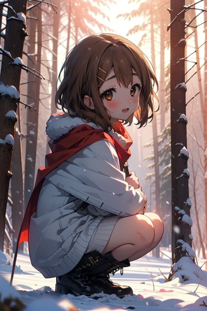 yuihirasawa, Yui Hirasawa, short hair, Brown Hair, hair ornaments, (Brown eyes:1.5), Hair Clip、smile,smile,blush,White Breath,
Open your mouth,snow,Ground bonfire,, Outdoor, boots, snowing, From the side, wood, suitcase, Cape, Blurred, , forest, White handbag, nature, Squat, Mouth closed, Cape, winter, Written boundary depth, Black shoes, red Cape break looking at viewer, Upper Body, whole body, break Outdoor, forest, nature, break (masterpiece:1.2), Highest quality, High resolution, unity 8k wallpaper, (shape:0.8), (Beautiful and beautiful eyes:1.6), Highly detailed face, Perfect lighting, Highly detailed CG, (Perfect hands, Perfect Anatomy),