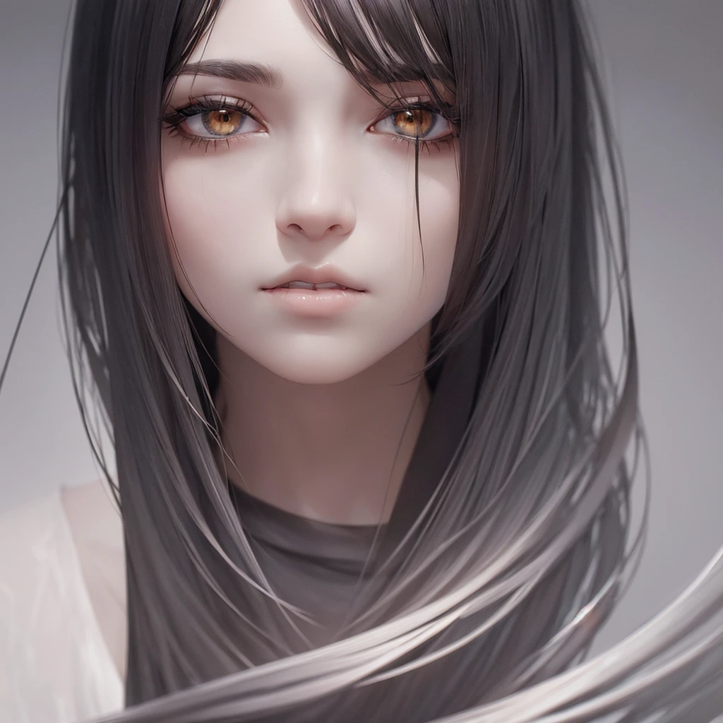 woman's face, long balck hair, neutral face, dark clothes, pale skin, fuzzy texture, basic white background, soft face, baggy sweatshirt (digital painting, concept art, smooth, sharp focus, intricate details, close-up, masterpiece: 1.2)