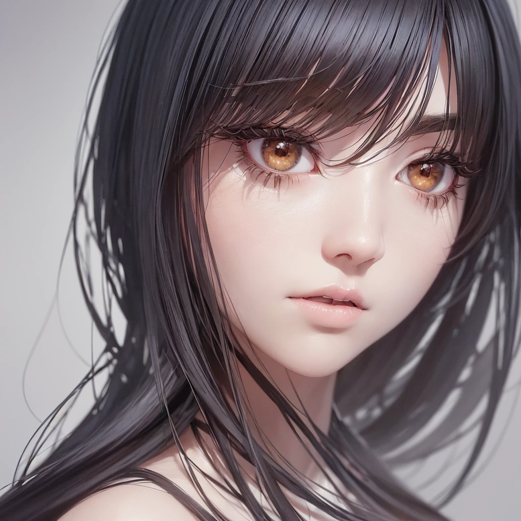 woman's face, long balck hair, neutral face, dark clothes, pale skin, fuzzy texture, basic white background, soft face, baggy sweatshirt (digital painting, concept art, smooth, sharp focus, intricate details, close-up, masterpiece: 1.2)