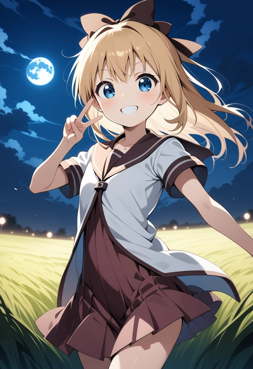 masterpiece, best quality, very aesthetic, absurdres,
1girl, toshinou kyouko, yuru yuri, blonde hair, blue eyes, nanamori , v, smile, grin, looking at viewer, night, sky, moon, field, wind,