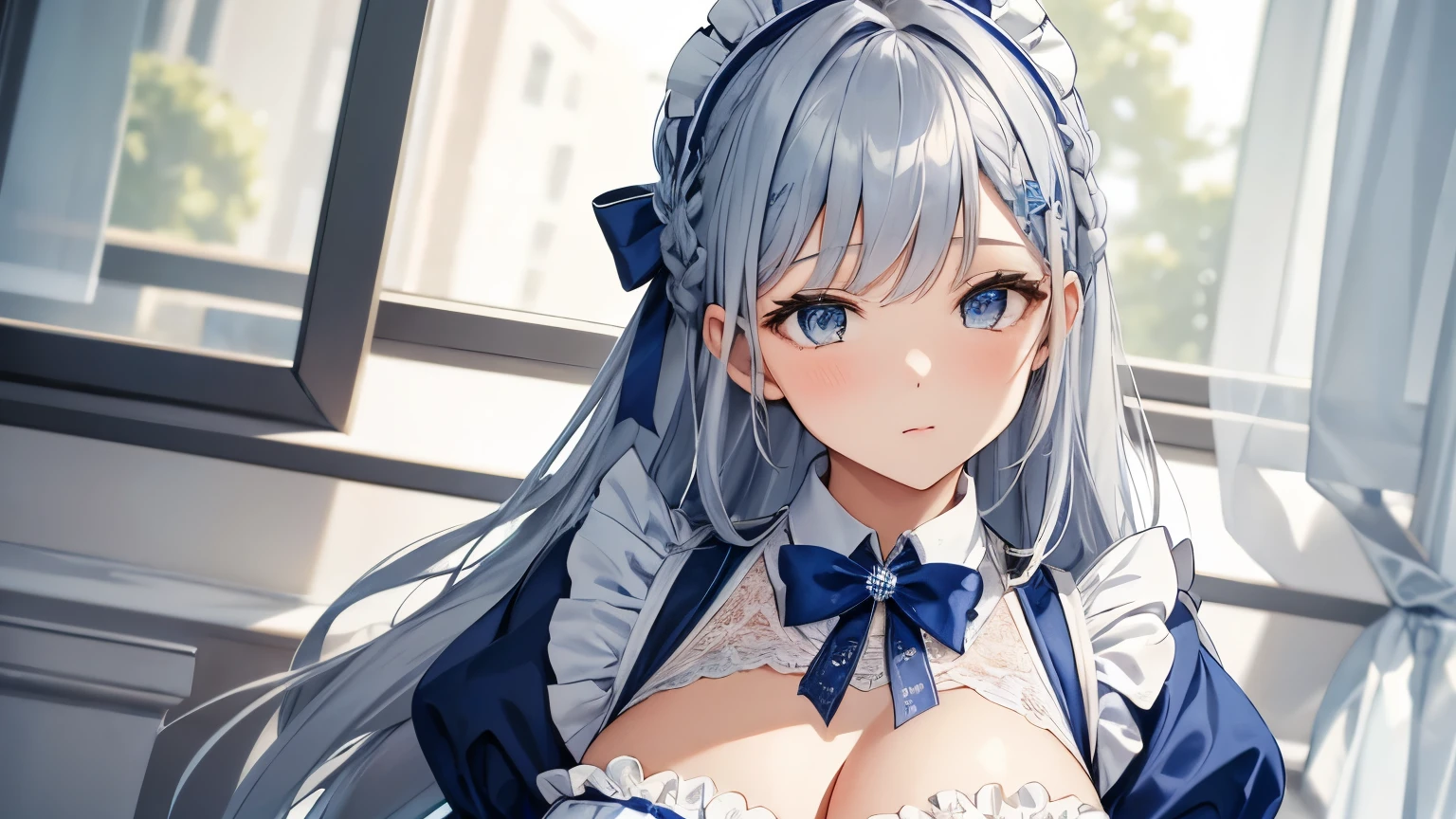 A beautiful girl wearing a blue maid outfit with lots of frills and lace　Silver hair braid with hair ornament　Upper Body　Big Breasts